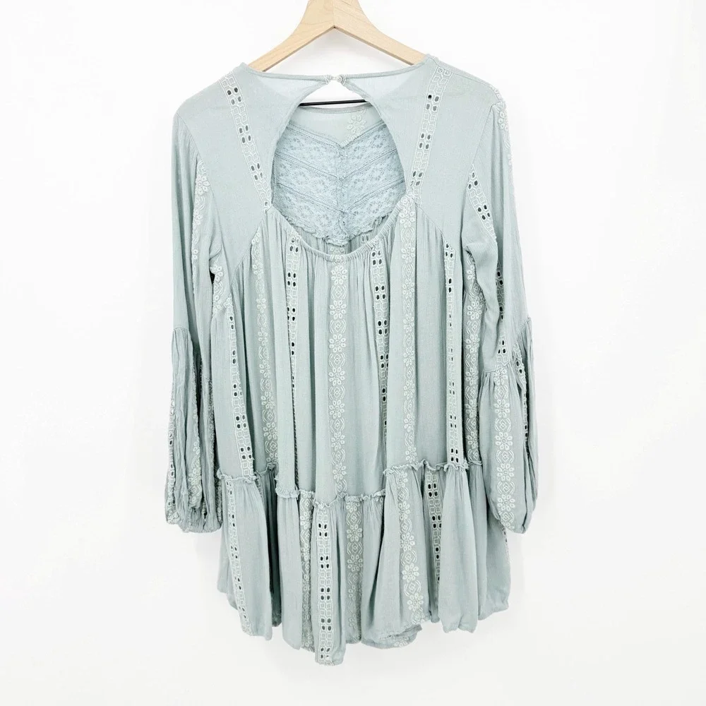 Free People Embroidered Lace Crochet Tiered Tunic Size XS Boho Peasant Oversized